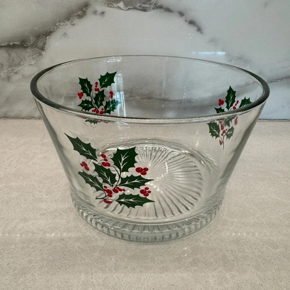 Vintage Indiana Glass 70's Christmas Holly & Berries Serving Bowl Ice Bucket 7